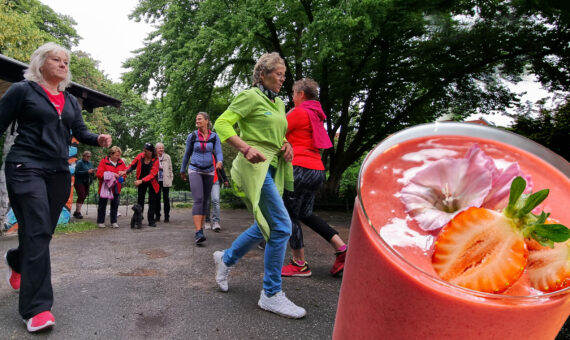 Laufende Menschen im Park und ein Glas mit rotem Smoothie-Getränk an der Seite des Bildes