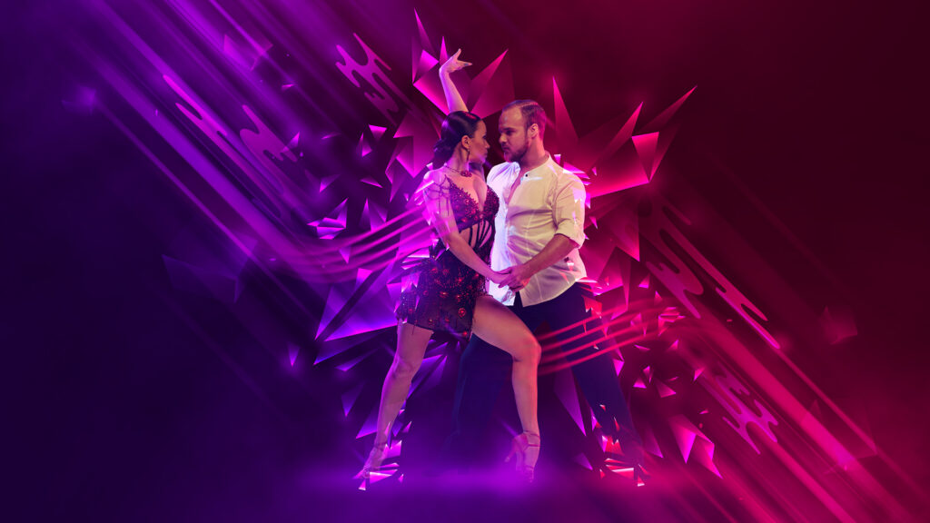 Leidenschaft, Energie und Emotionen. Stilvolles junges Paar tanzt Samba, Cha-Cha-Cha, Rumba, Paso Doble auf dunklem Hintergrund mit Neon-Fluidelementen. Kunst, Schönheit, Tanz Konzept. Plakat