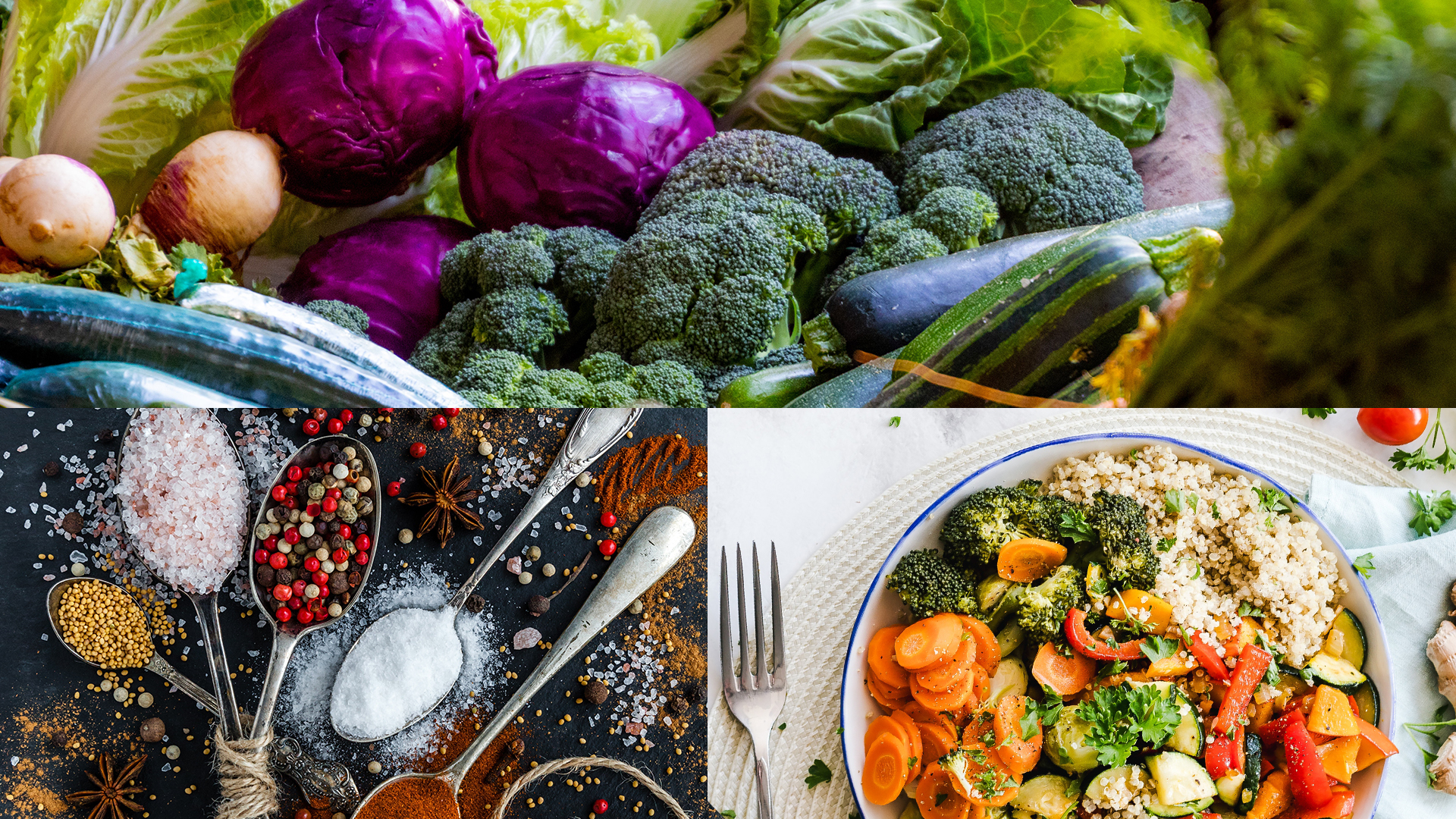 Collage gesunde Zutaten und Kochen