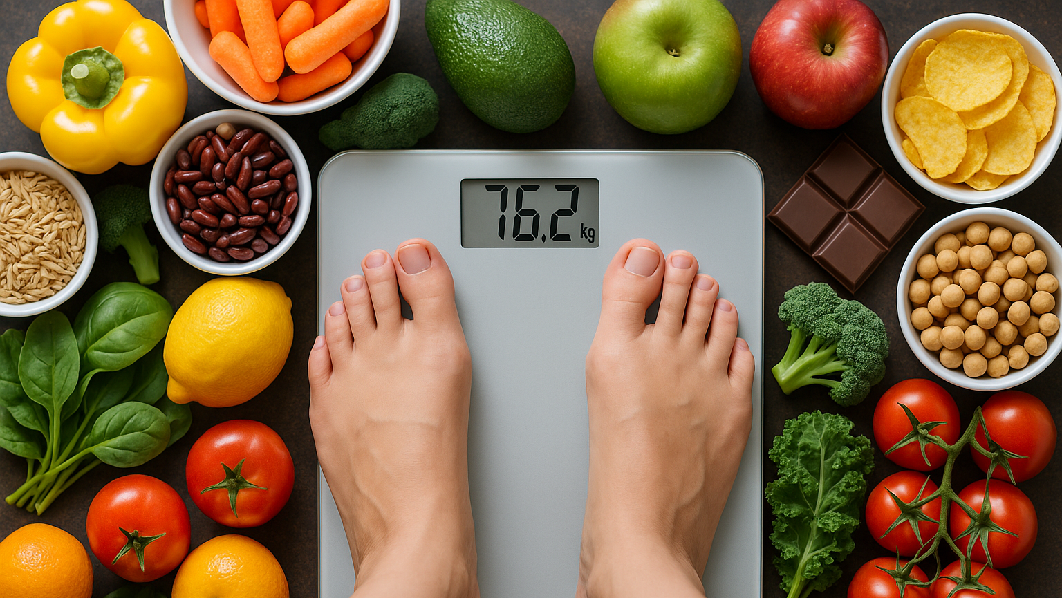 personenwage, blick von oben auf die Waage, Anzeige 76,2, Waage steht nicht auf Fußboden sondern inmitten von vielen Zutaten für Essen (Gemüse, Obst, Reis, Hülsenfrüchte, aber auch ungesundere Nahrungsmittel wie Chips und Schokolade)