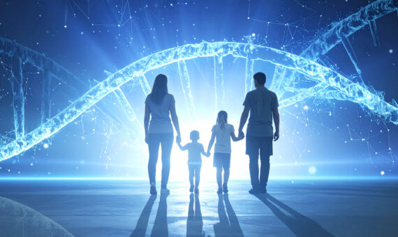 familie, mutter vater kinder, an händen haltend, blicken auf DNA-Stränge projeziert vor ihnen