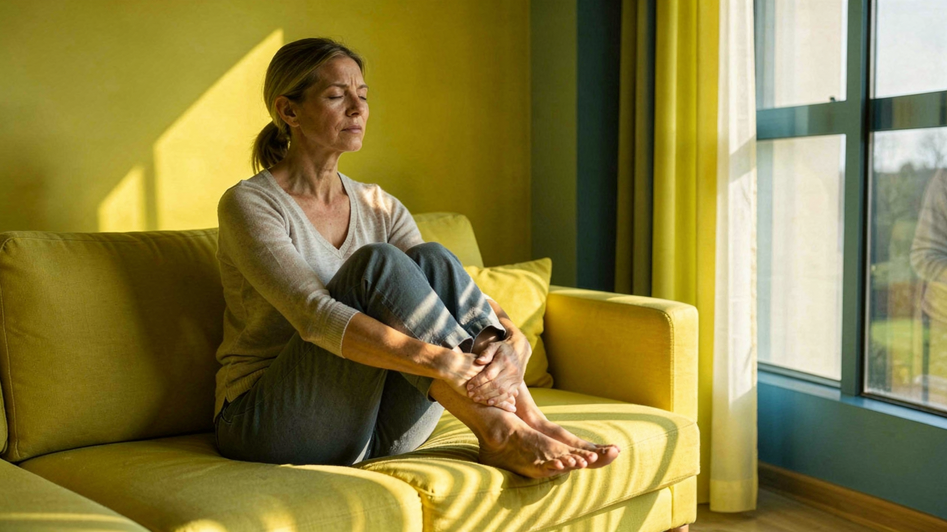 Frau mit Fatigue sitzt an einem sonnigen Tag drinnne auf dem Sofa mit geschlossenen Augen