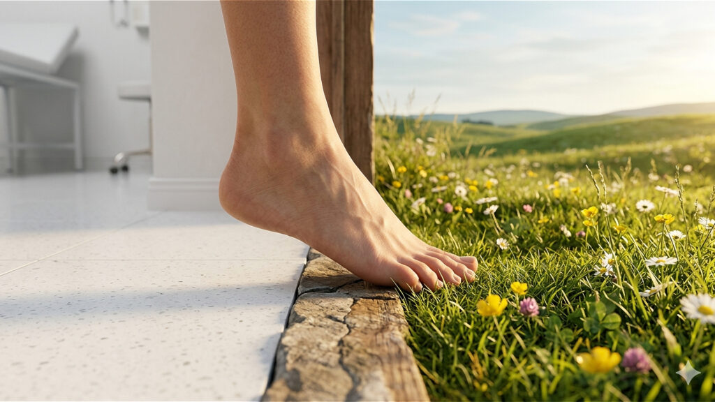 Fuss Übertritt Die Türschwelle Von Krankenzimmer Zu Einer Blühenden Wiese