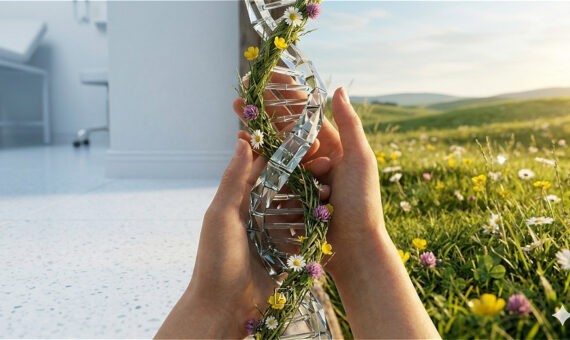Türschwelle Von Krankenzimmer Zu Einer Blühenden Wiese, Davor Hand, Die Eine Küstlerische DNA Helix Hält