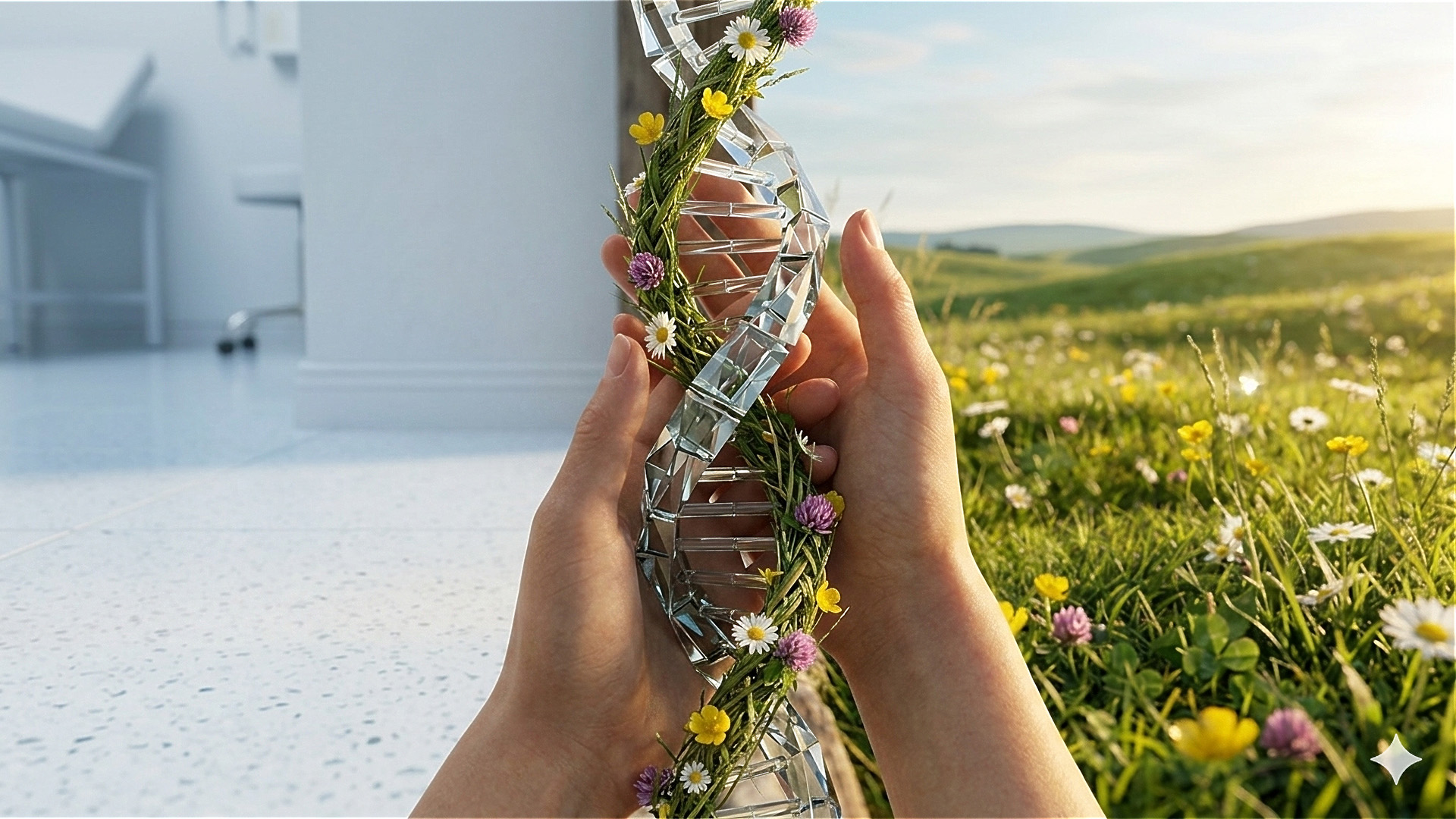 Türschwelle Von Krankenzimmer Zu Einer Blühenden Wiese, Davor Hand, Die Eine Küstlerische DNA Helix Hält