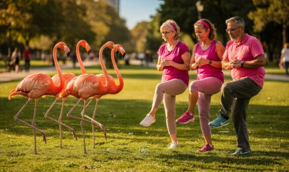 Gruppe Von 5 Flamingos stehen auf einem Bein gegenüber 3 Personen stehend auf einem Bein