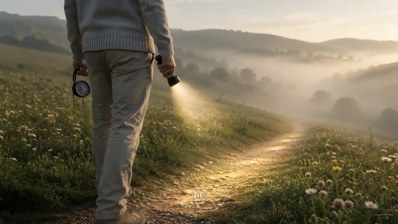 Person mit Taschenlampe und Kompass in der Hand läuft in der Dämmerung einen Pfad in einer hügeligen Landschaft entlang