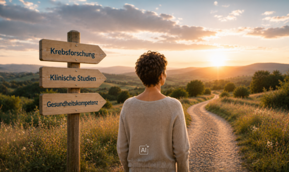 Symbolbild zu klinischen Studien für Krebsbetroffene: Weg durch eine Landschaft mit Wegweisern zu Krebsforschung, klinischen Studien und Gesundheitskompetenz