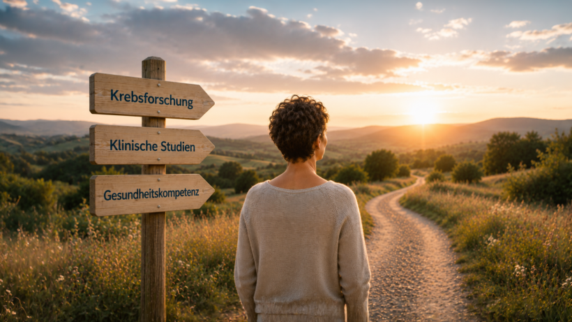 Symbolbild zu klinischen Studien für Krebsbetroffene: Weg durch eine Landschaft mit Wegweisern zu Krebsforschung, klinischen Studien und Gesundheitskompetenz